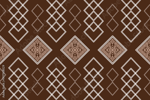 Minimal diamond line pattern with cream outlines on warm brown background. Seamless geometric repeat with modern ethnic touch, ideal for wallpaper, packaging, textiles, wrapping paper and backgrounds.