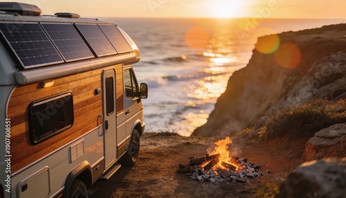 Solar Panel Van Camping by Cliffside Bonfire at Sunset Ocean View