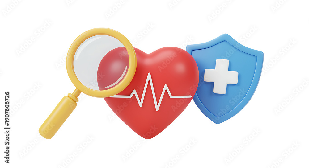 Fototapeta premium 3D rendering of magnifying glass on heart with ECG line and medical shield with cross symbol isolated on white background for healthcare and medical concepts transparent background