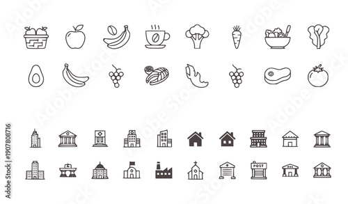 Food and city icons set flat design vector illustration scalable graphic art for web and print