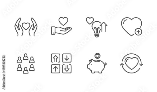 Hand holding heart love gesture with lightbulb idea and growth arrows vector illustration flat design