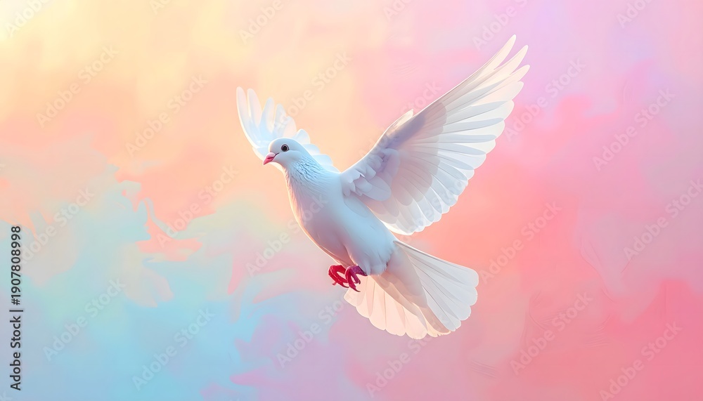 Fototapeta premium Paloma blanca en vuelo ascendente sobre cielo pastel con tonos rosados y azules