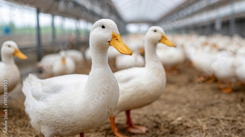 Wallpaper Mural A Group of White Ducks in a Spacious Barn Setting with Soft Straw Bedding Under Bright Indoor Lighting and an Abundance of Natural Illumination Torontodigital.ca