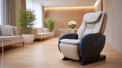 Wallpaper Mural A Contemporary Relaxation Space Featuring a Luxurious Recliner Chair Surrounded by Modern Decor and Calming Indoor Plants for Tranquil Atmosphere Torontodigital.ca