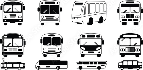 Vector collection of bus silhouettes featuring front and side views of public transport vehicles school buses and city coaches isolated on white background (24 words)
