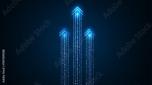 Abstract upward arrow in light blue vertical shape on dark background, technology hitech communication network concept, digital growth direction symbol, modern vector design for innovation