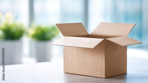 Wallpaper Mural A Simple Open Cardboard Box on a Table in a Bright and Cozy Indoor Environment Surrounded by Greenery Torontodigital.ca