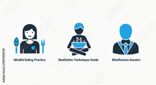 Mindful living icons: eating, meditation techniques, and session, promoting holistic well-being and self-care.