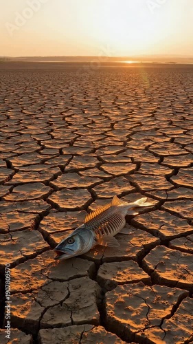Dead fish skeleton on cracked dry earth during sunset, symbolizing drought and environmental disaster