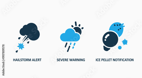 Severe weather alert icons: hailstorm, heavy rain, and ice pellets, warning of dangerous precipitation.