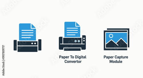 Icons for document conversion: printer, paper-to-digital converter, paper capture module. Technology for digitizing documents.
