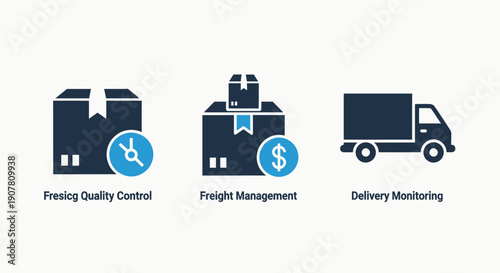 Icons for quality control, freight management, and delivery monitoring, representing supply chain and logistics processes