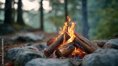 Wallpaper Mural A Cozy Campfire Surrounded by Nature: The Warm Glow of Flames Reflecting on Logs Amidst the Tranquil Beauty of an Outdoor Setting Torontodigital.ca