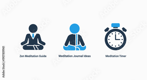 Icons for Zen meditation guide, journaling ideas, and a timer, promoting a consistent and mindful meditation practice