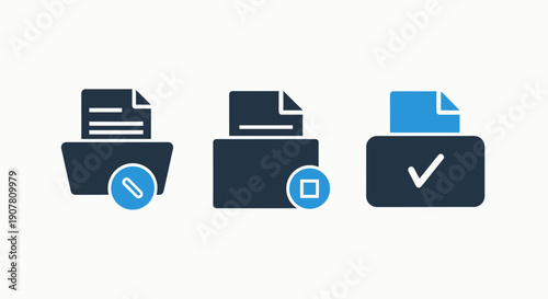 Icons for document folder with an attachment, document with a close button, and a document with a checkmark, signifying file operations