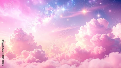 Wallpaper Mural Dreamy pastel pink and purple sky with fluffy clouds and glowing stars Torontodigital.ca