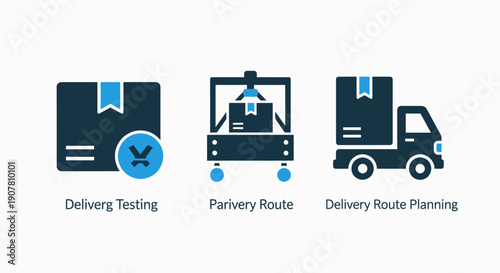 Logistics and delivery icons: testing package, parcel route, and delivery route planning, ideal for shipping, e-commerce, and supply chain.