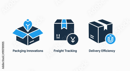 Packaging and delivery icons: innovative packaging, freight tracking, and delivery efficiency for logistics, e-commerce, and shipping services.