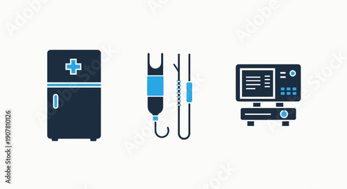 Medical equipment icons: refrigerator, IV drip, and vital signs monitor, representing healthcare, hospital, and clinical technology.