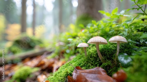 Wallpaper Mural A Tranquil Forest Scene Featuring Delicate Mushrooms Growing Among Moss and Fallen Leaves, Bathed in Soft Natural Light with a Backdrop of Trees and Foliage Torontodigital.ca