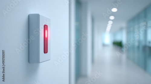 Wallpaper Mural Illuminated Red Access Control Light in Modern Office Hallway Signaling Restricted Entry with Blurred Background and Glass Walls Torontodigital.ca