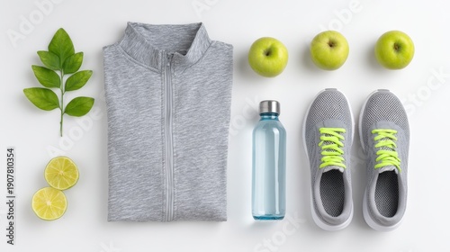 Wallpaper Mural A Stylish Gray Workout Outfit with Apples, Water Bottle, and Fresh Lime for a Healthy Lifestyle Focused on Fitness and Nutrition Torontodigital.ca