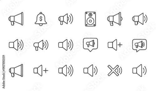 Set of 16 megaphone icons in various styles and actions, flat design vector illustration