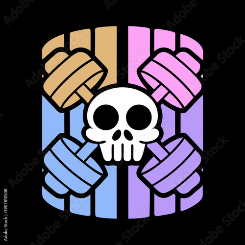 A colorful skull with dumbbells on a striped background