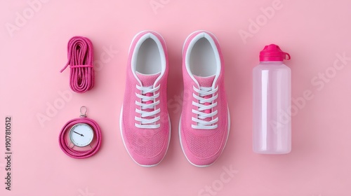 Wallpaper Mural Bright Pink Sports Shoes and Accessories Arranged on a Soft Pink Background: Gym Essentials for Fitness Lovers Torontodigital.ca