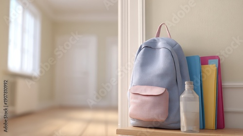 Wallpaper Mural A Cozy Study Space Featuring a Light Blue Backpack, Colorful Folders, and a Water Bottle, Perfect for an Inviting Learning Environment Torontodigital.ca