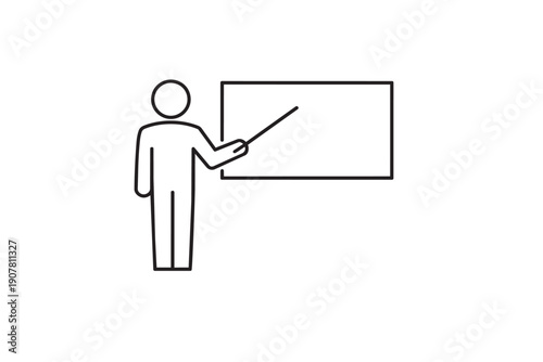 Simple line drawing of person teaching with pointer in front of blank board