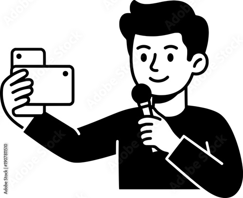 Young male content creator or journalist character. Man holding a microphone and a smartphone for live streaming, vlogging, or reporting. Modern digital communication and mobile journalism concept. 