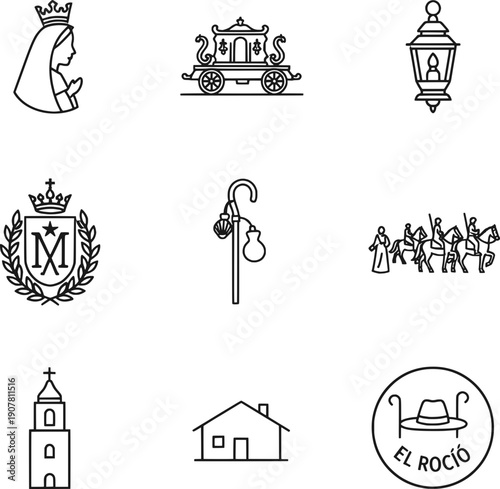 El Rocio pilgrimage icon set. Collection of linear icons featuring the Virgin Mary, traditional carriage (carreta), pilgrims on horseback, Hermandad emblem, church tower, and Andalusian folklore