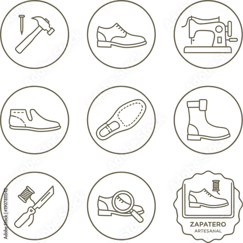 Artisan shoemaker icon set. Collection of linear icons featuring traditional cobbler tools, leather shoes, boots, sewing machine, and craftsmanship symbols. Handcrafted footwear manufacture concept.