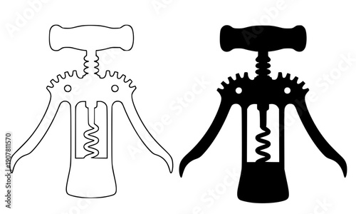 Wine corkscrew bottle opener tool in outline and silhouette style for kitchen bar restaurant beverage service utensil equipment vector illustration design