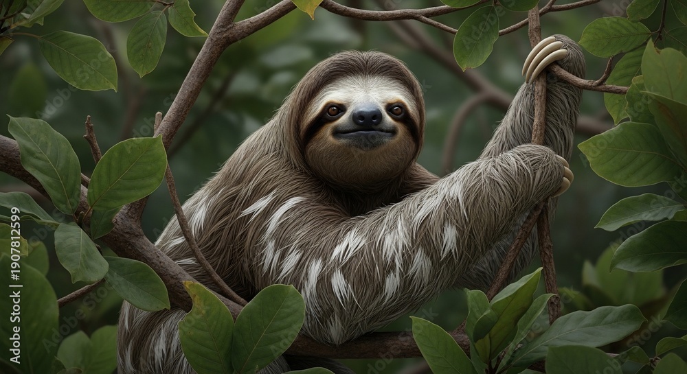 Obraz premium Adorable Sloth Resting Peacefully in Lush Green Jungle Canopy.