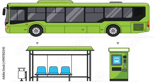 Green City Bus and Public Transport Infrastructure Illustration with Bus Stop Shelter and Ticket Machine for Urban Mobility and Transit System Concepts
