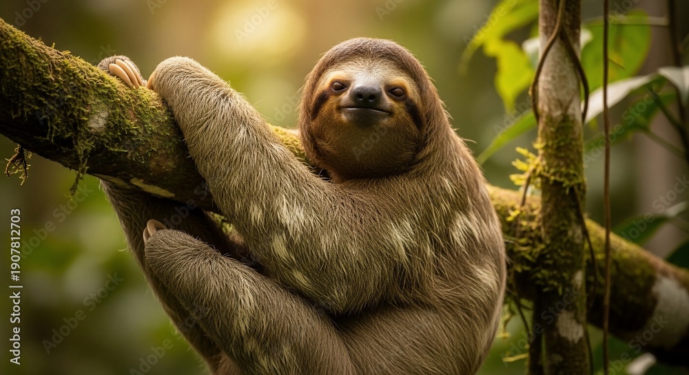 Naklejka premium Adorable Three-Toed Sloth Hanging on a Mossy Tree Branch in a Lush Rainforest.