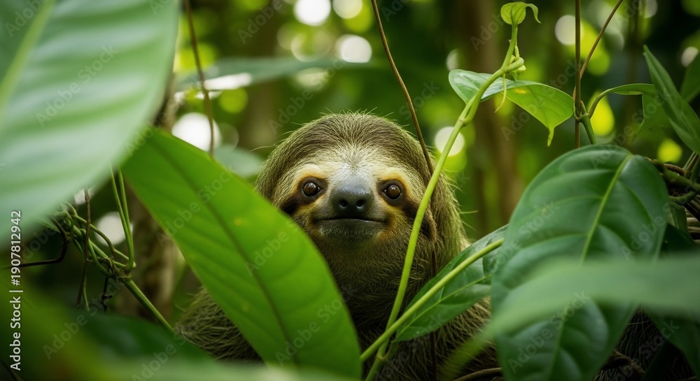 Naklejka premium Adorable Three-Toed Sloth Peeking Through Lush Green Jungle Foliage.