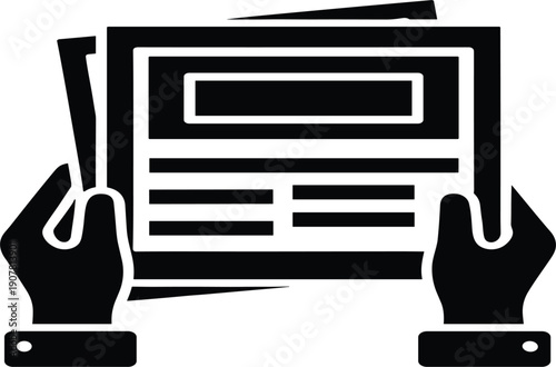 Hands Holding Newspaper Icon in Solid Style for News Media, Journalism, Press, Information, Headlines, and Editorial Content Design Concepts