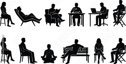 People sitting activities silhouette set, reading eating working relaxing meditation chairs bench lifestyle black flat vector illustration collection
