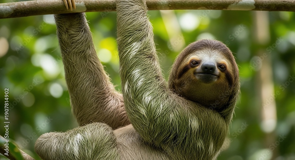 Obraz premium Close-up of a Three-Toed Sloth hanging from a tree branch in a lush green rainforest environment.