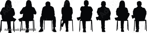 People sitting on chairs silhouette set, men women waiting audience interview posture body language black flat vector illustration