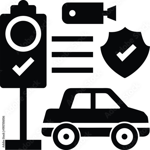 Traffic enforcement cameras vector black icon PNG representing average speed check and road monitoring sign in outline and filled style, isolated on transparent background