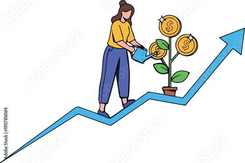 Flat 2D vector, Sustainable Investment Growth Concept Isolated on Transparent Background