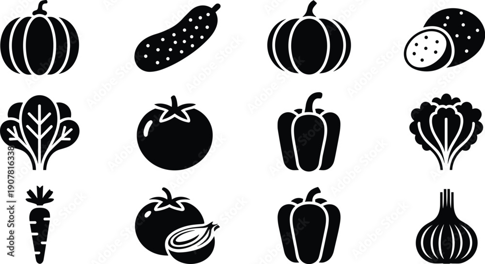 Εκτύπωση καμβά Black and white vegetable icon collection, flat food symbol set, healthy produce