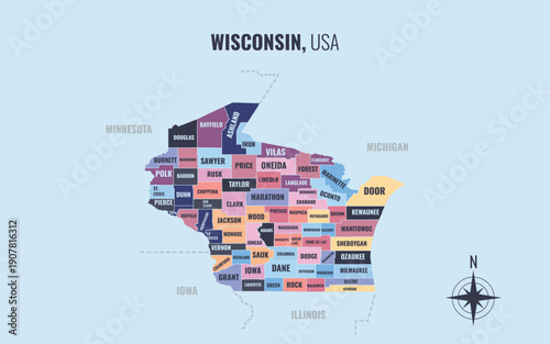 A map showing WI Wisconsin USPS into County in a minimalist colorful style