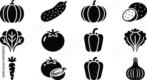 Black and white vegetable icon collection, flat food symbol set, healthy produce silhouettes, minimalist cooking illustration design pack