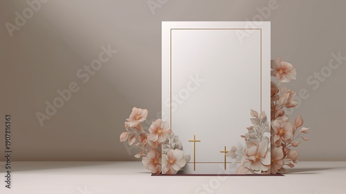 Blank funeral flyer mockup design. Subtle cross motifs frame elegant floral borders. White card stands upright neutral gradient background. Graphic design template. Funeral announcement. Memorial