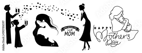 Happy mother's day icon, banner vector illustration. minimalist silhouette illustration of mother holding baby isolated on white background. son with mother. heart, love symbol.